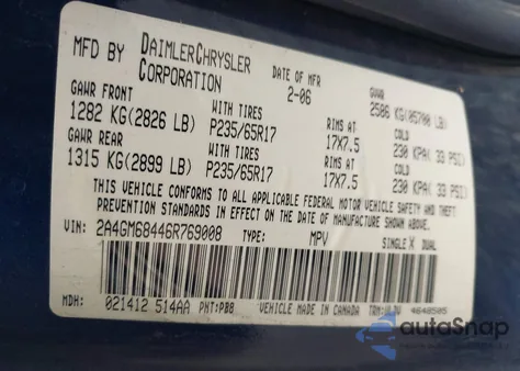 2006 Chrysler Pacifica Touring from USA, damaged, VIN 2A4GM68446R769008